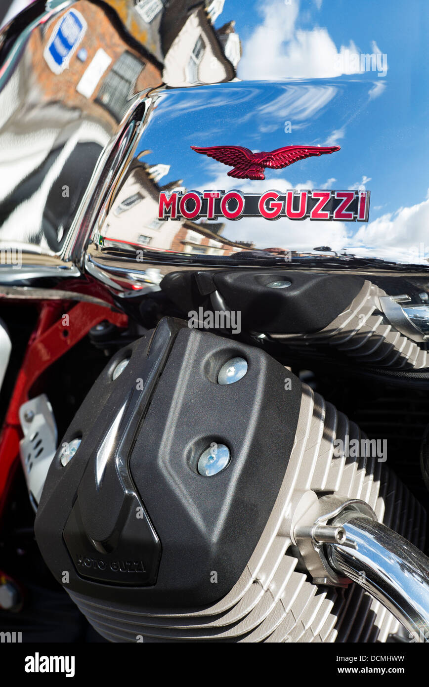 Moto Guzzi V7 racer motorcycle. Chrome Petrol tank and engine abstract Stock Photo