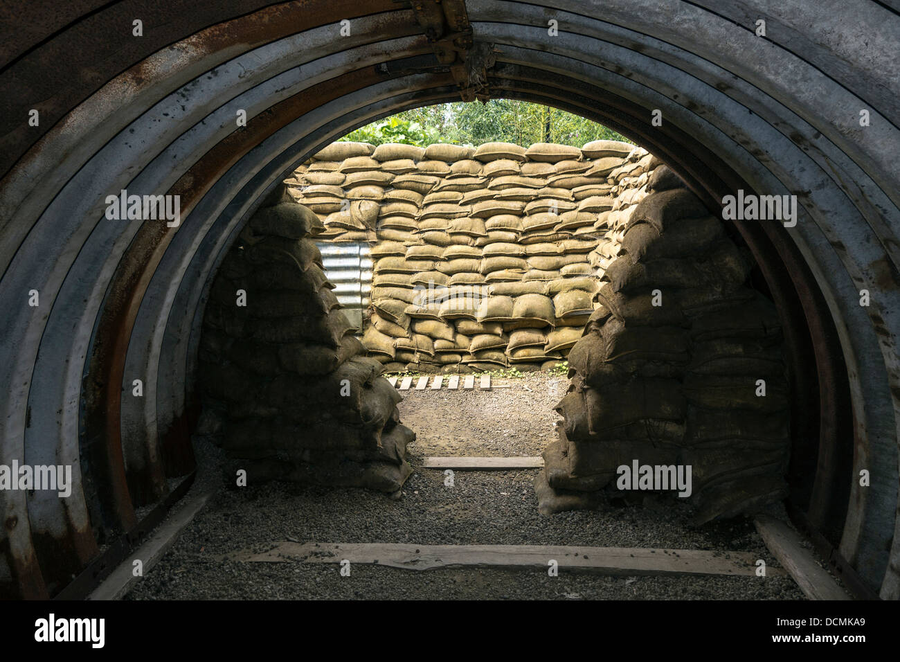 British First World War One Baby Elephant shelter made of sheets of corrugated iron in WWI trench at Zonnebeke, West Flanders Stock Photo