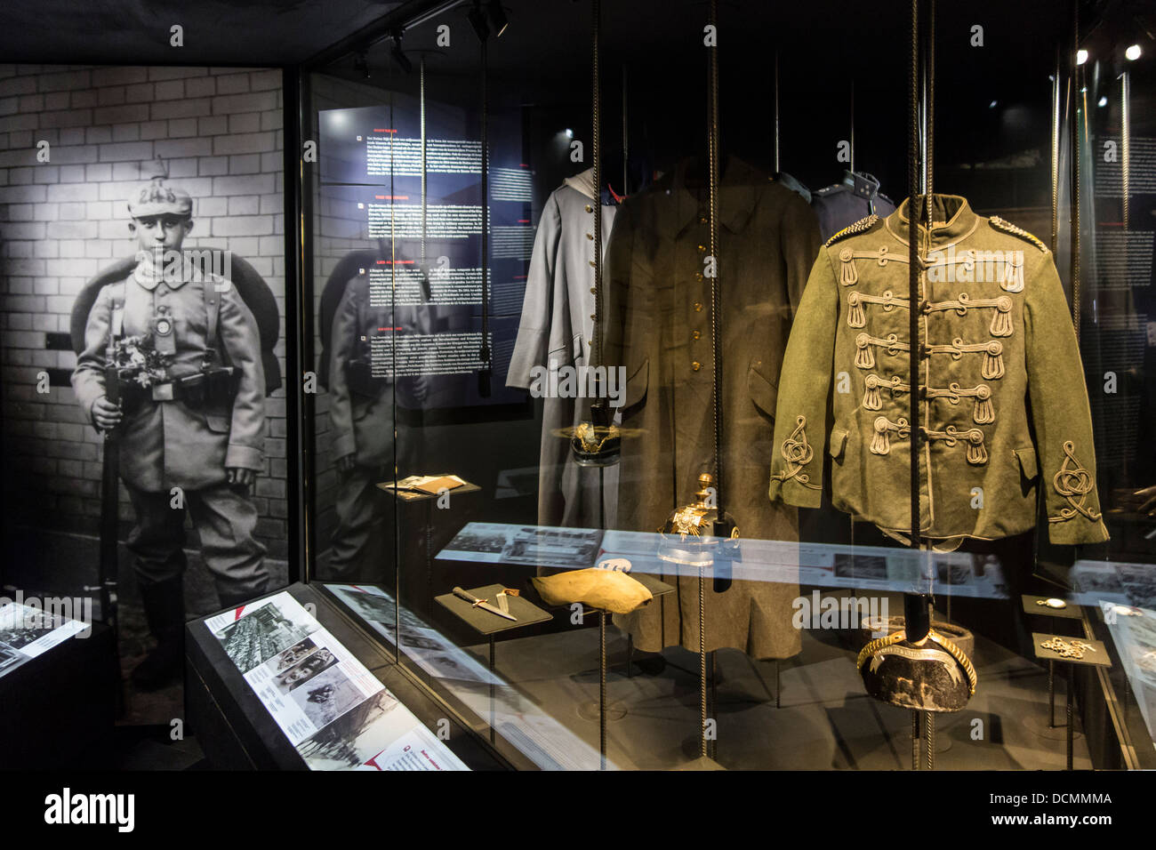 German First World War One uniforms and WWI battledress at the In Flanders Fields Museum, Ypres, West Flanders Belgium Stock Photo