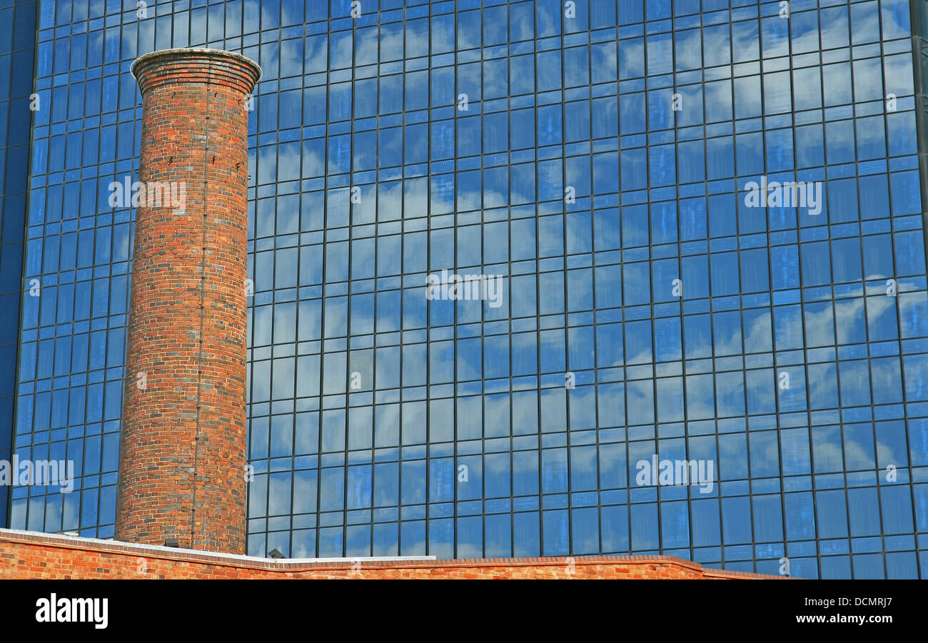 England Midlands Birmingham City Centre Modern Hotel Building and Old Chimney Stack Stock Photo