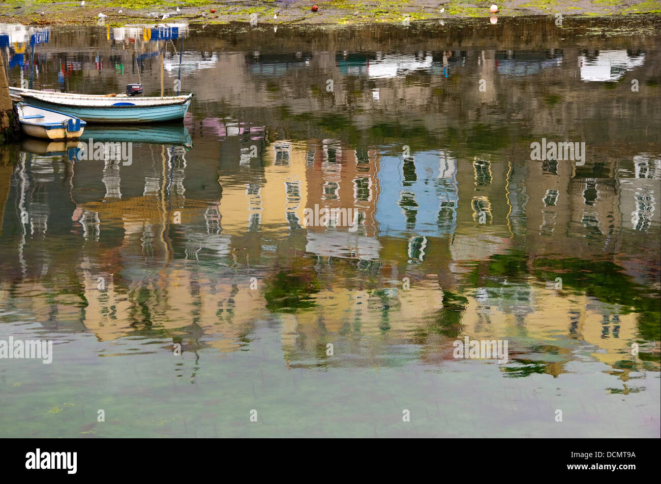 Horizontal view of reflections on the surface of the sea at Mevagissey. Stock Photo