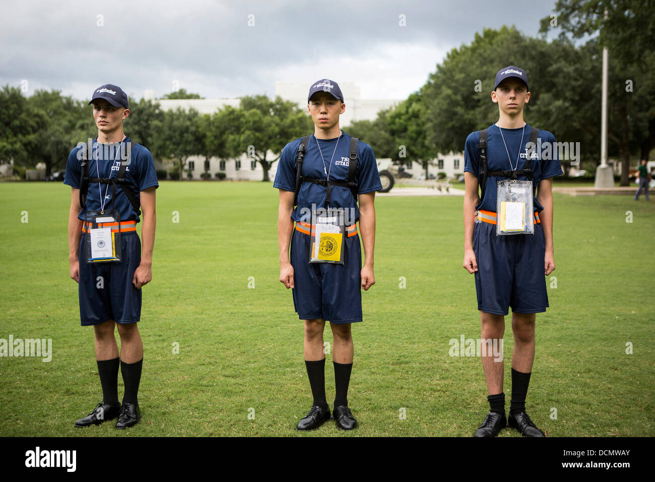 Citadel freshmen known as knobs line up during close formation drills on their first day of marching August 19, 2013 in Charleston, South Carolina. The Citadel is a state military college that began in 1843. Stock Photo