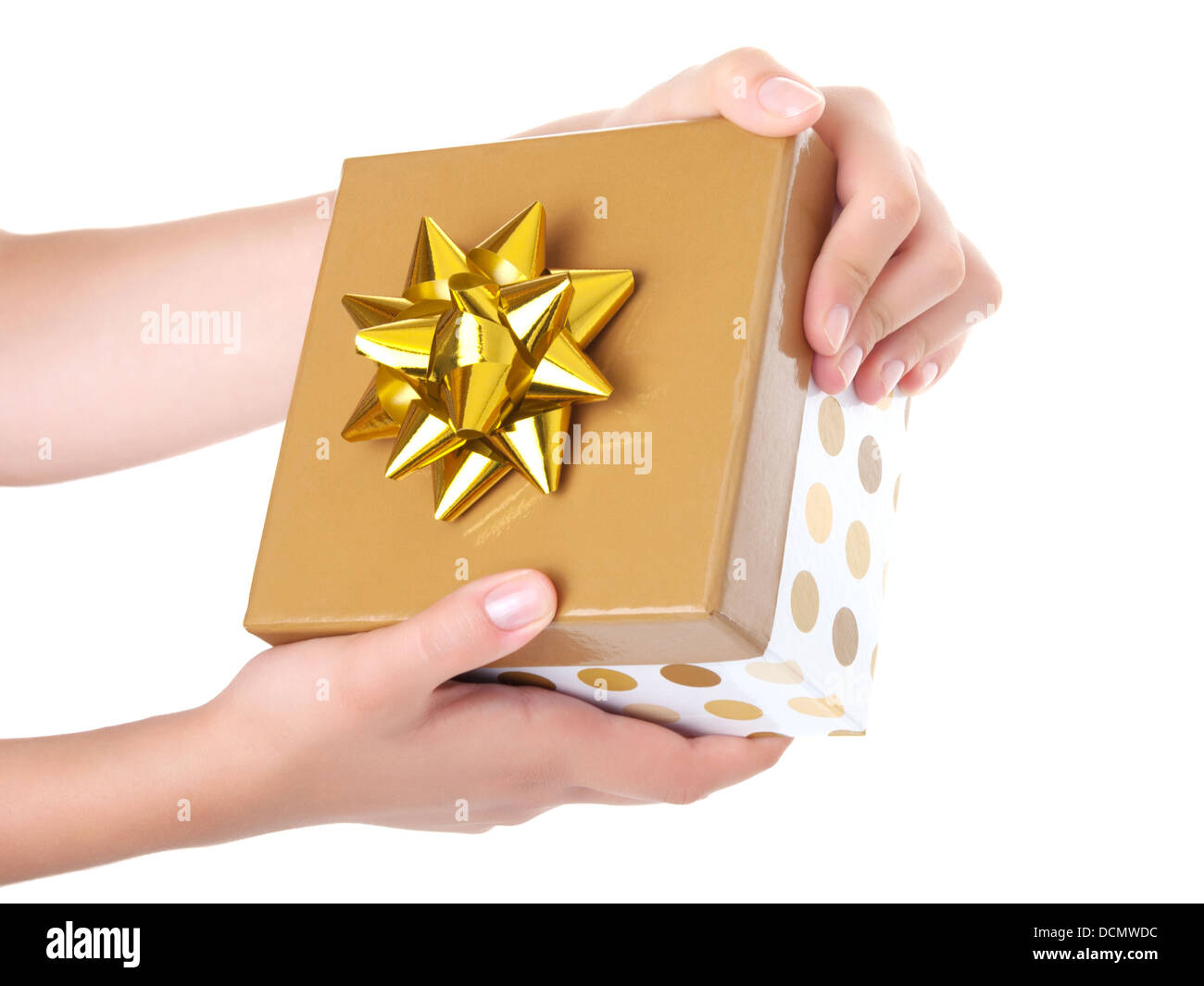 young girl with golden gift box for you Stock Photo Alamy