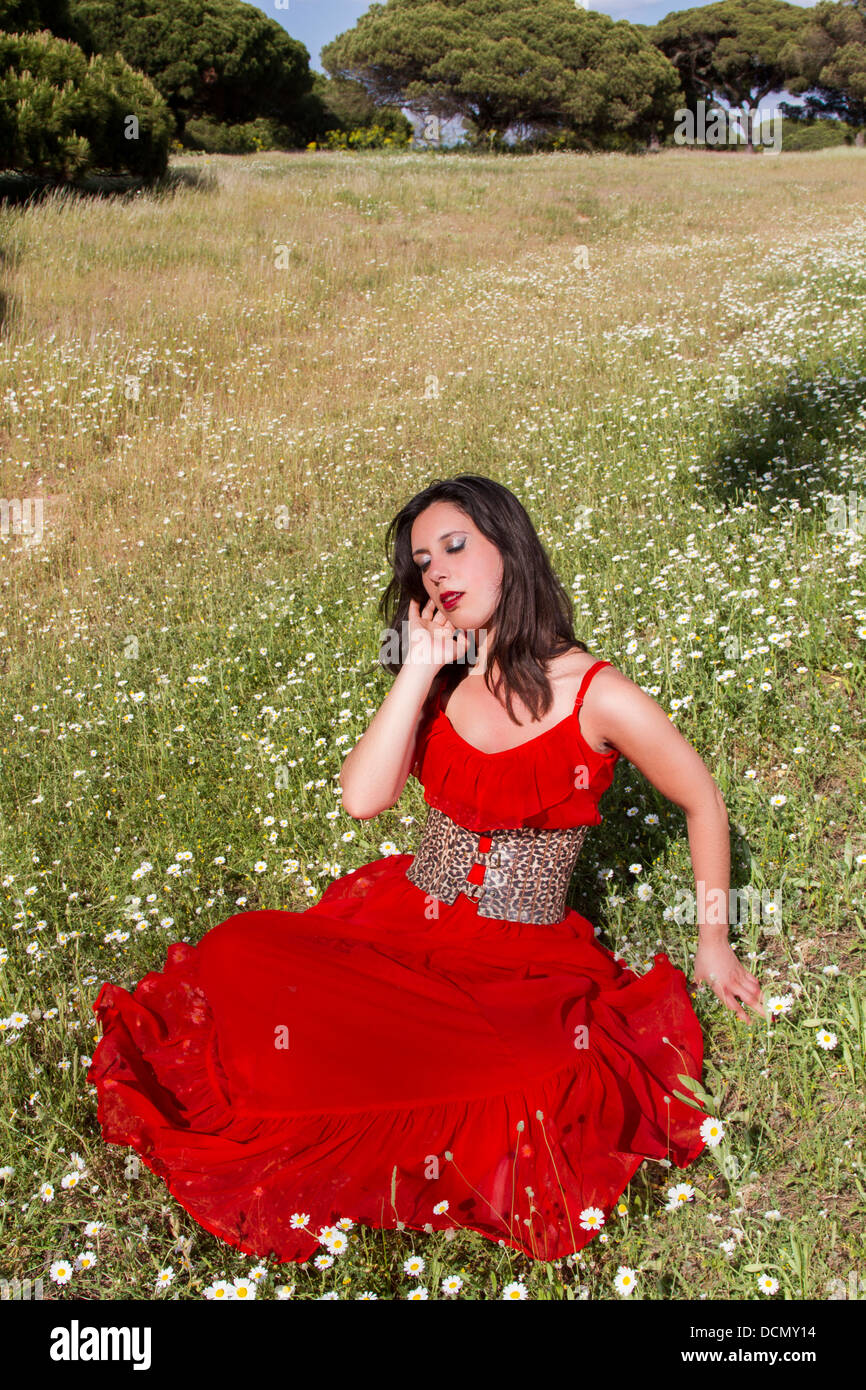 View of a young woman in a red dress posing in nature Stock Photo - Alamy
