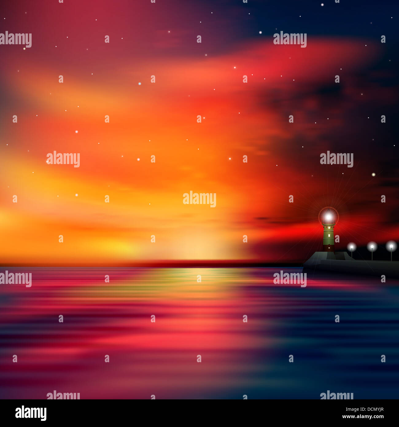 abstract sea background with red sunrise and lighthouse Stock Photo - Alamy