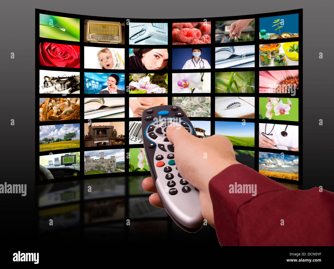 LCD TV panels. Television production technology concept. Remote control