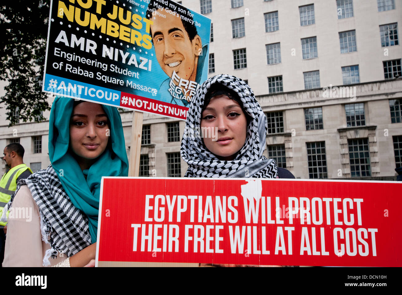 Egyptian Brotherhood and supporters of Morsi protest in London against Sisi & army takeover ( coup ) in Egypt. August 2013 Stock Photo