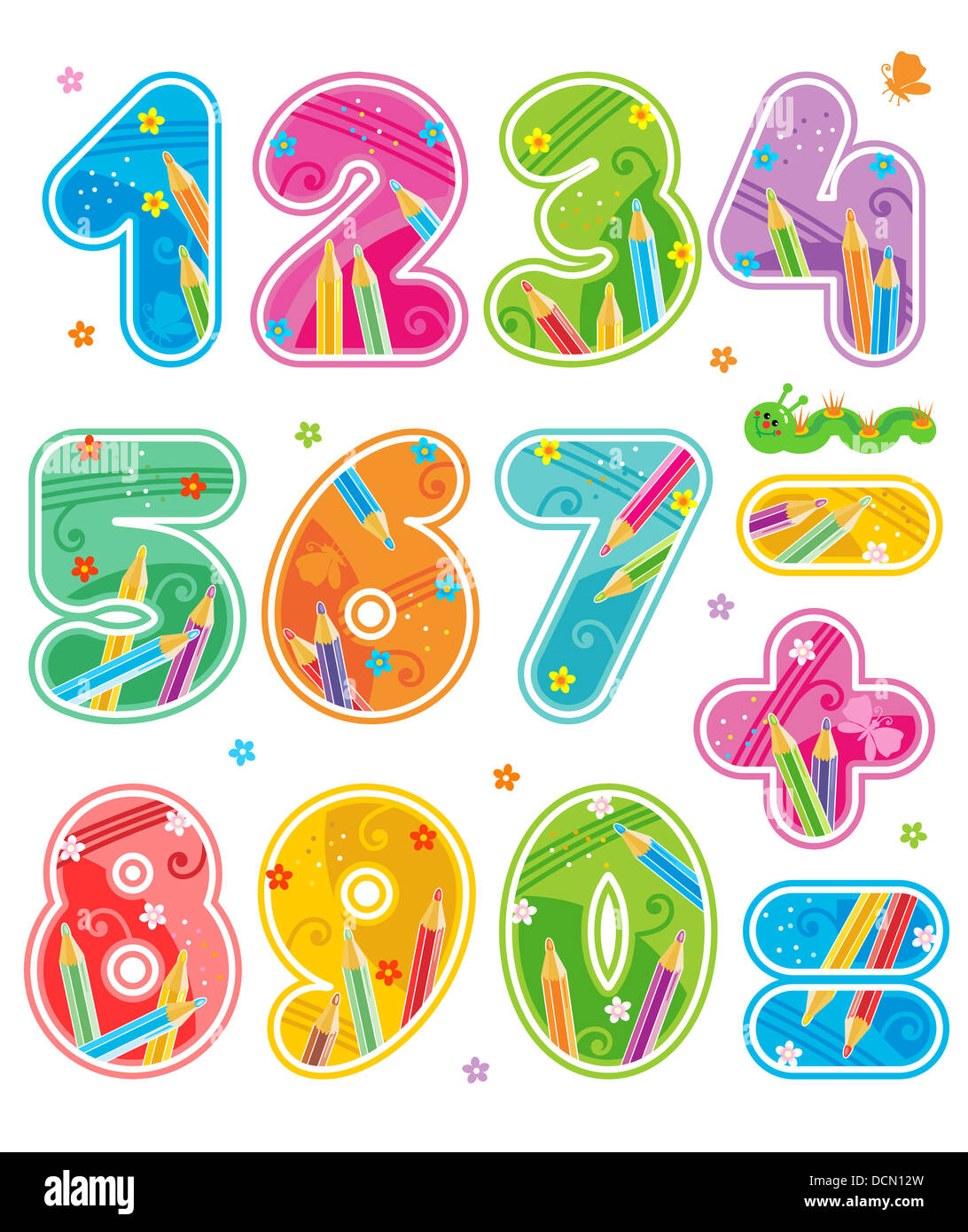 Colorful decorated alphabet set, part 4 (of 4), figures or numbers, arithmetic signs Stock Photo