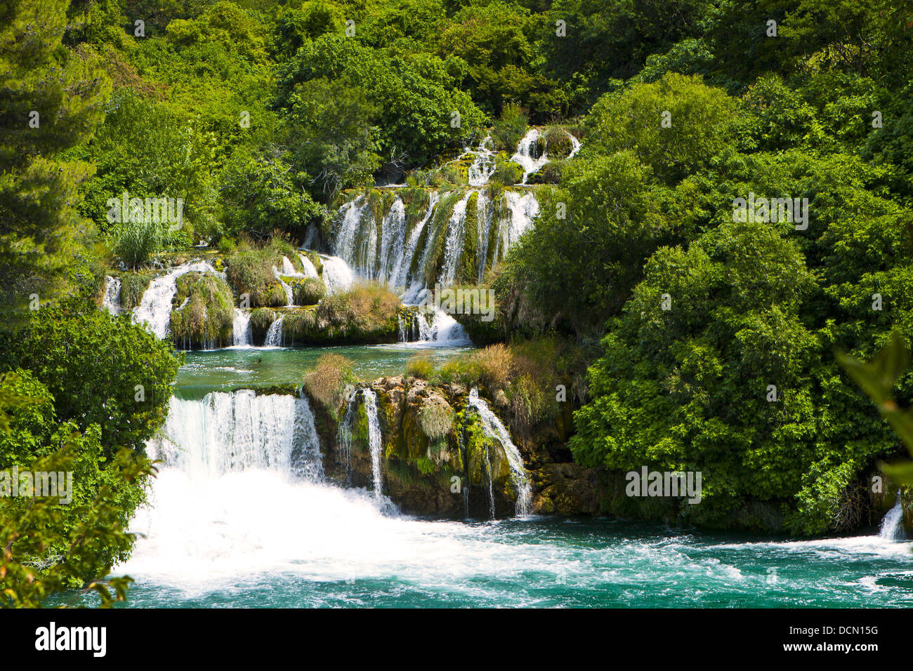Cascading Water. Krka Waterfall National Park in Croatia. Stock Photo
