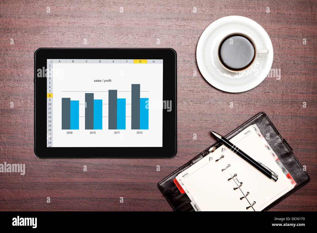 Modern workplace with digital tablet showing charts and diagram on screen Stock Photo