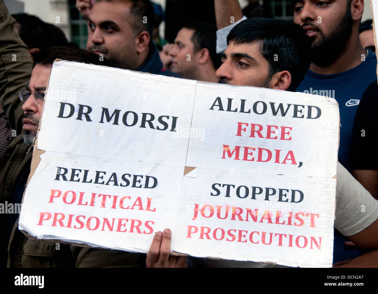 Egyptian Brotherhood and supporters of Morsi protest in London against Sisi & army takeover ( coup ) in Egypt. August 2013 Stock Photo