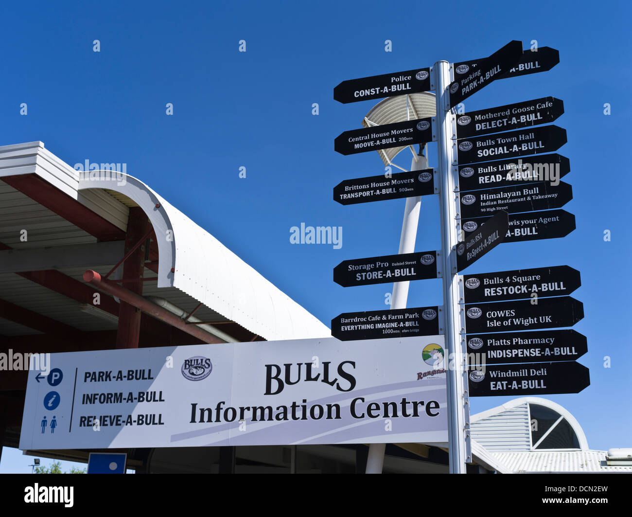 dh BULLS NEW ZEALAND Bulls Information centre signpost and various Bull signs Stock Photo