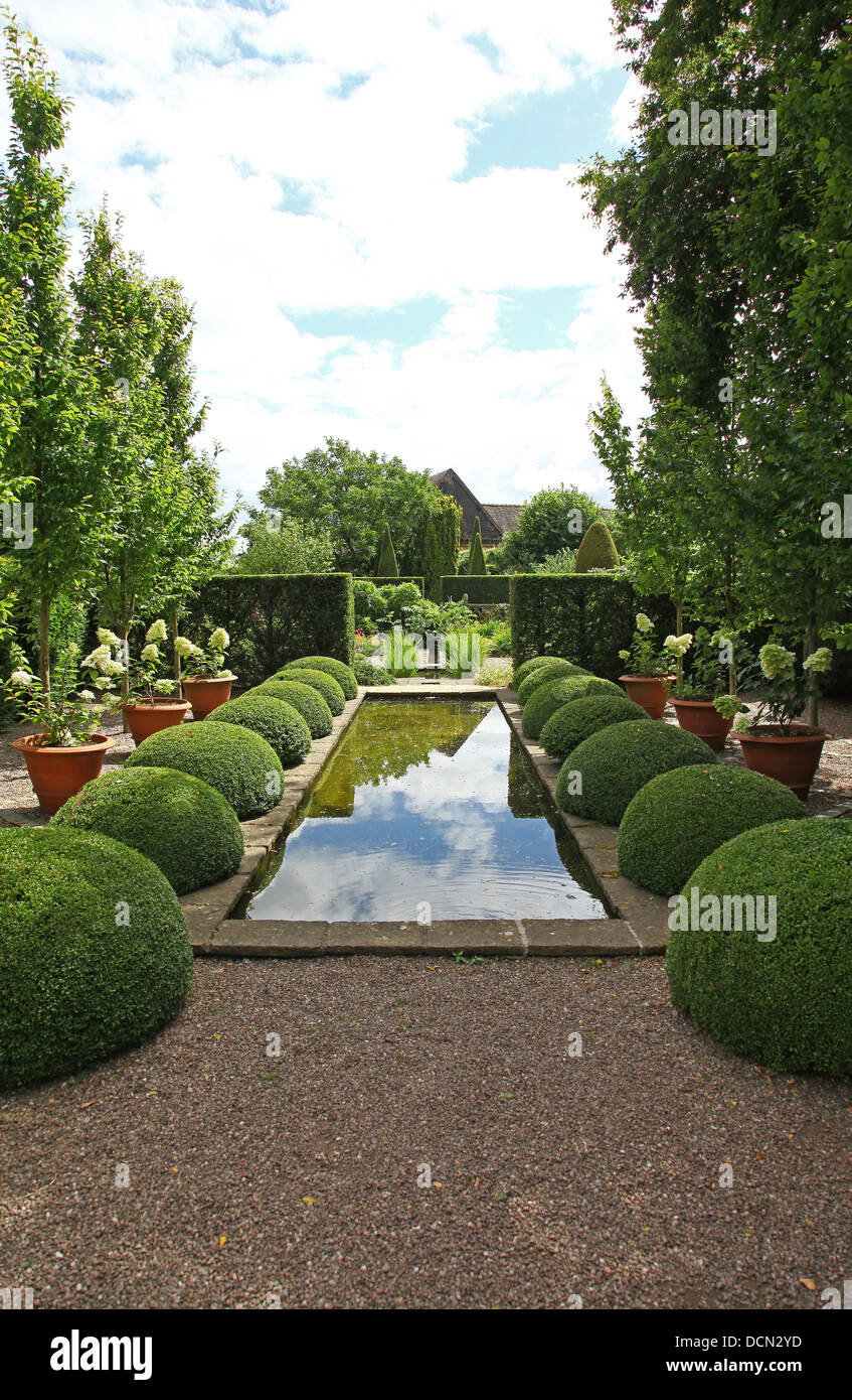 The pond and topiary at the Upper Rill Garden at Wollerton Old Hall Gardens garden Wollerton