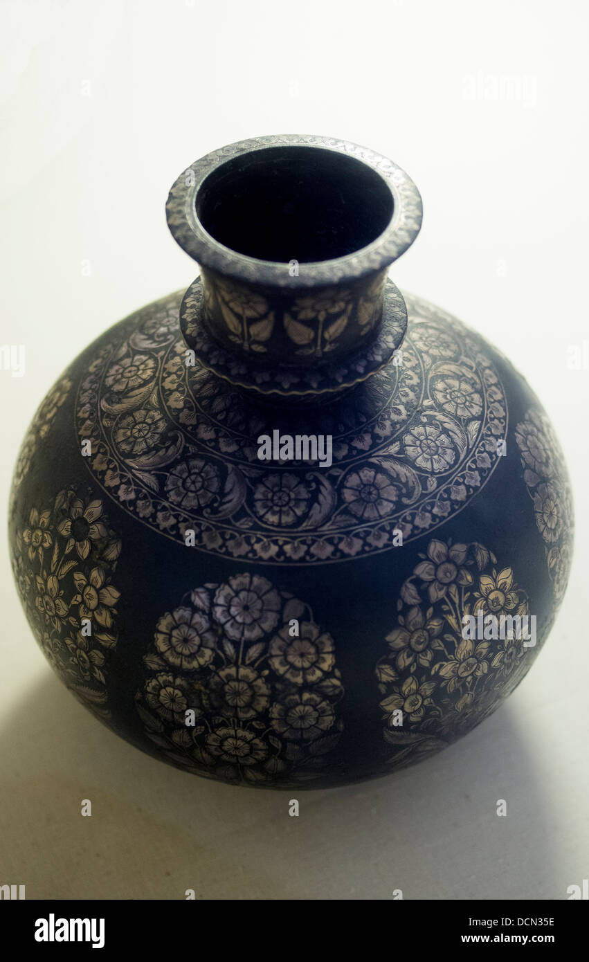 Houqa Bowl of Bidar on display  inside the Palace complex - Mehrangarh Fort - Jodhpur, Rajashtan, India Stock Photo