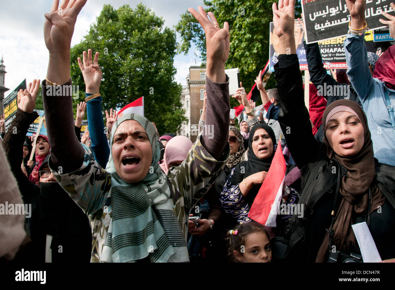 Egyptian Brotherhood and supporters of Morsi protest in London against Sisi & army takeover ( coup ) in Egypt. August 2013 Stock Photo