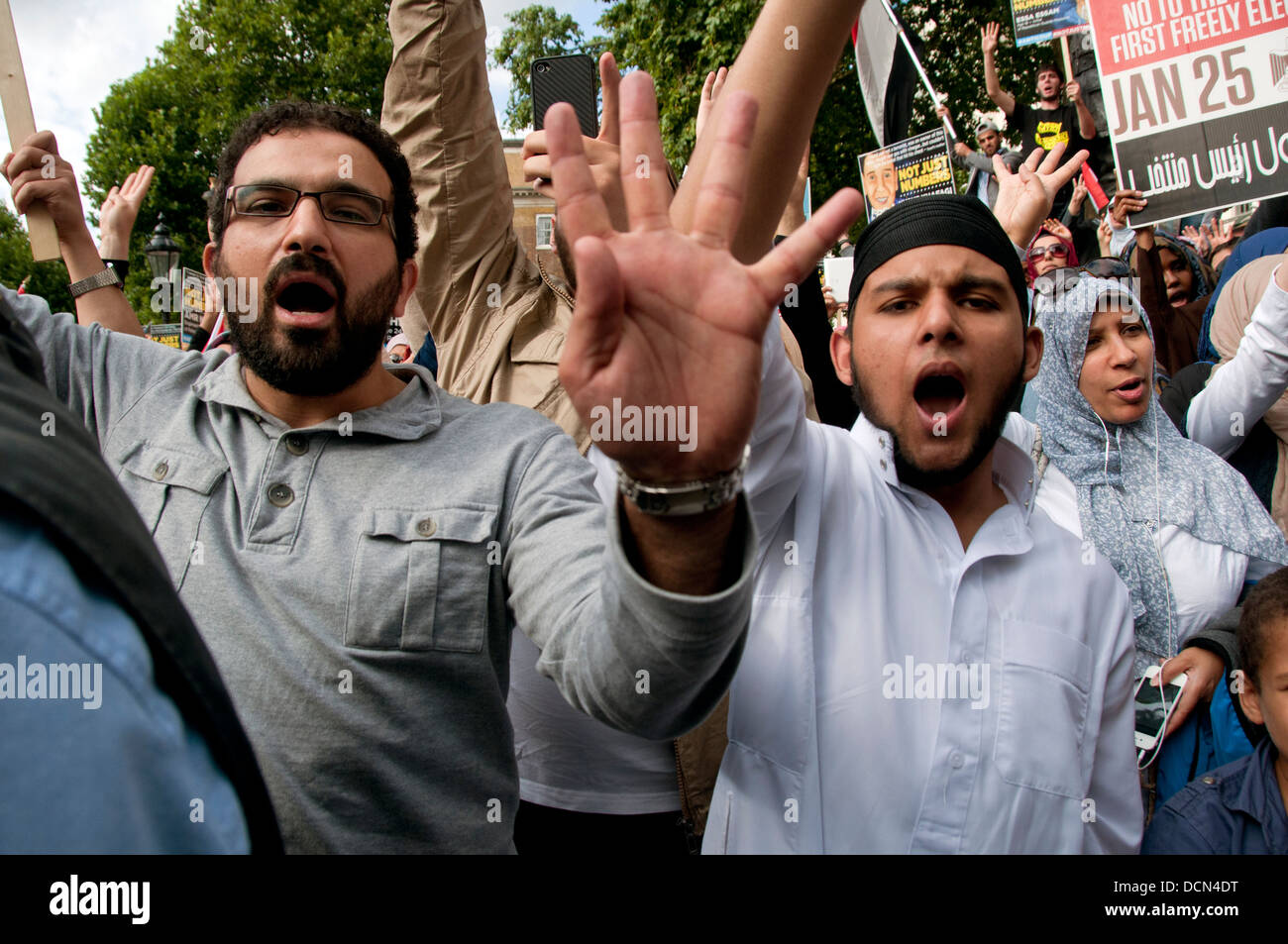 Egyptian Brotherhood and supporters of Morsi protest in London against Sisi & army takeover ( coup ) in Egypt. August 2013 Stock Photo