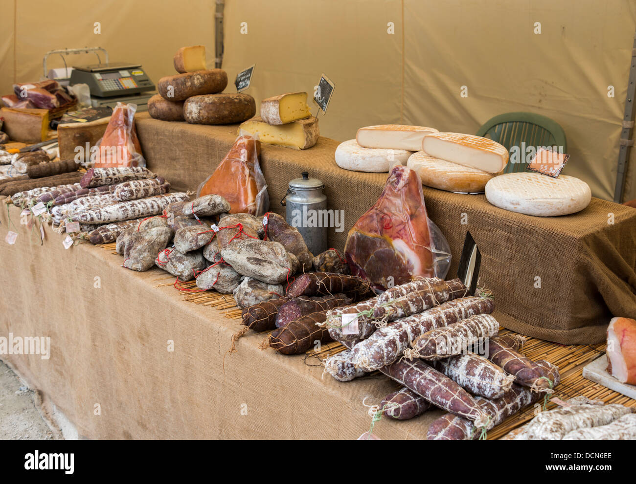 meat and cheese on belgium market in the place bouillon Stock Photo