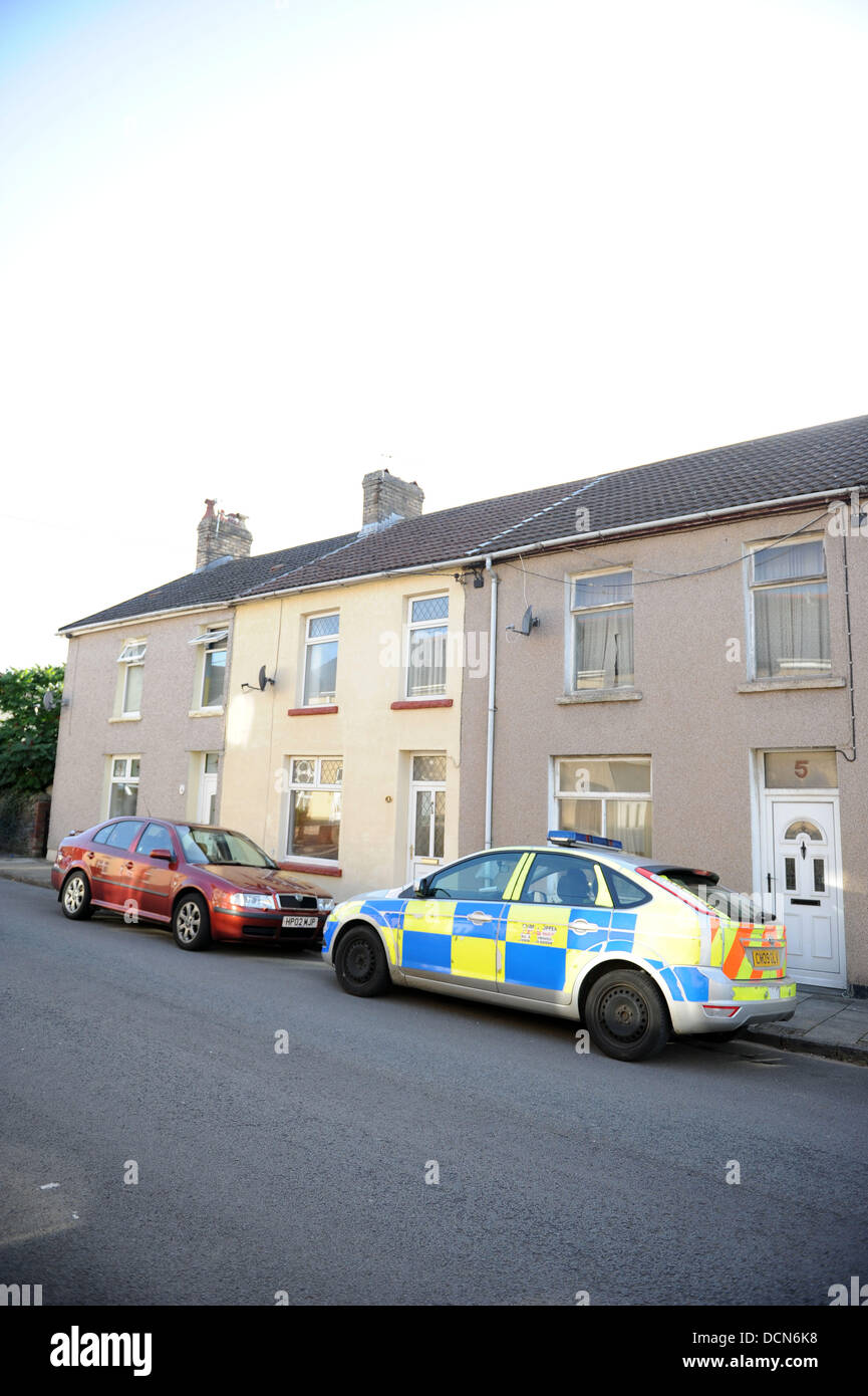 Nelson, Wales, UK. 20th August 2013.   A six-week old baby died last Friday after being found not breathing at a property on  Station Terrace in Nelson. Police are treating the case as a murder inquiry.  PIC: Matthew Horwood/Alamy Live News Stock Photo