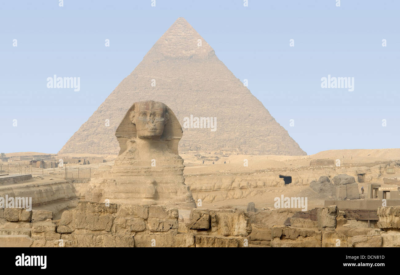 the Giza Necropolis with pyramid of chefren and Sphinx Stock Photo