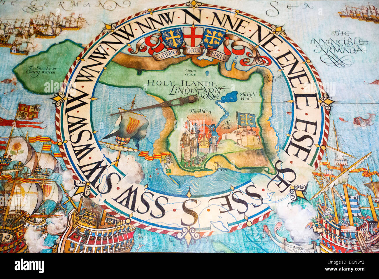 A wind indicator map at Lindisfarne Castle, Holy Island, Northumberland, UK. Stock Photo