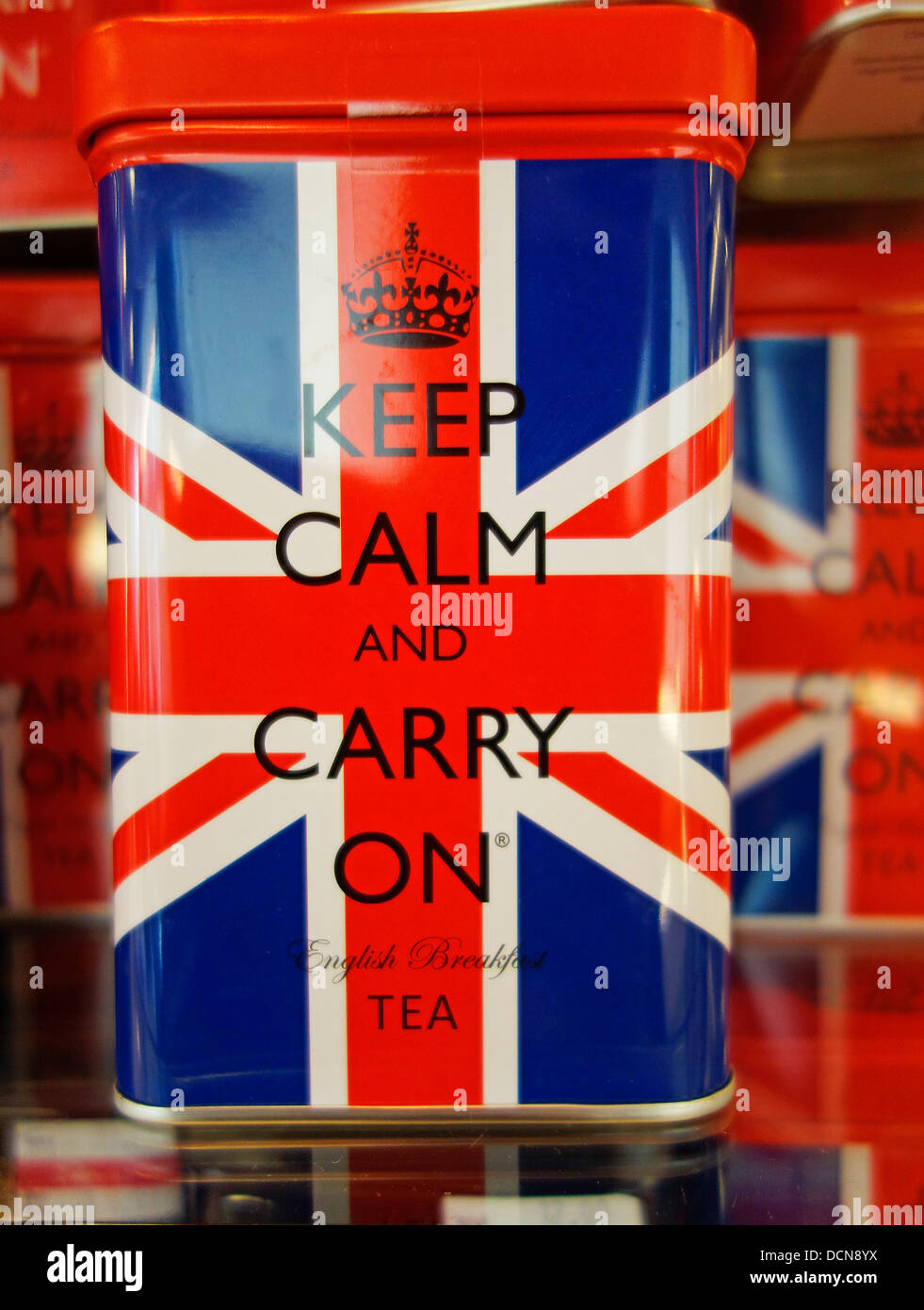 keep calm and carry on tea can Stock Photo