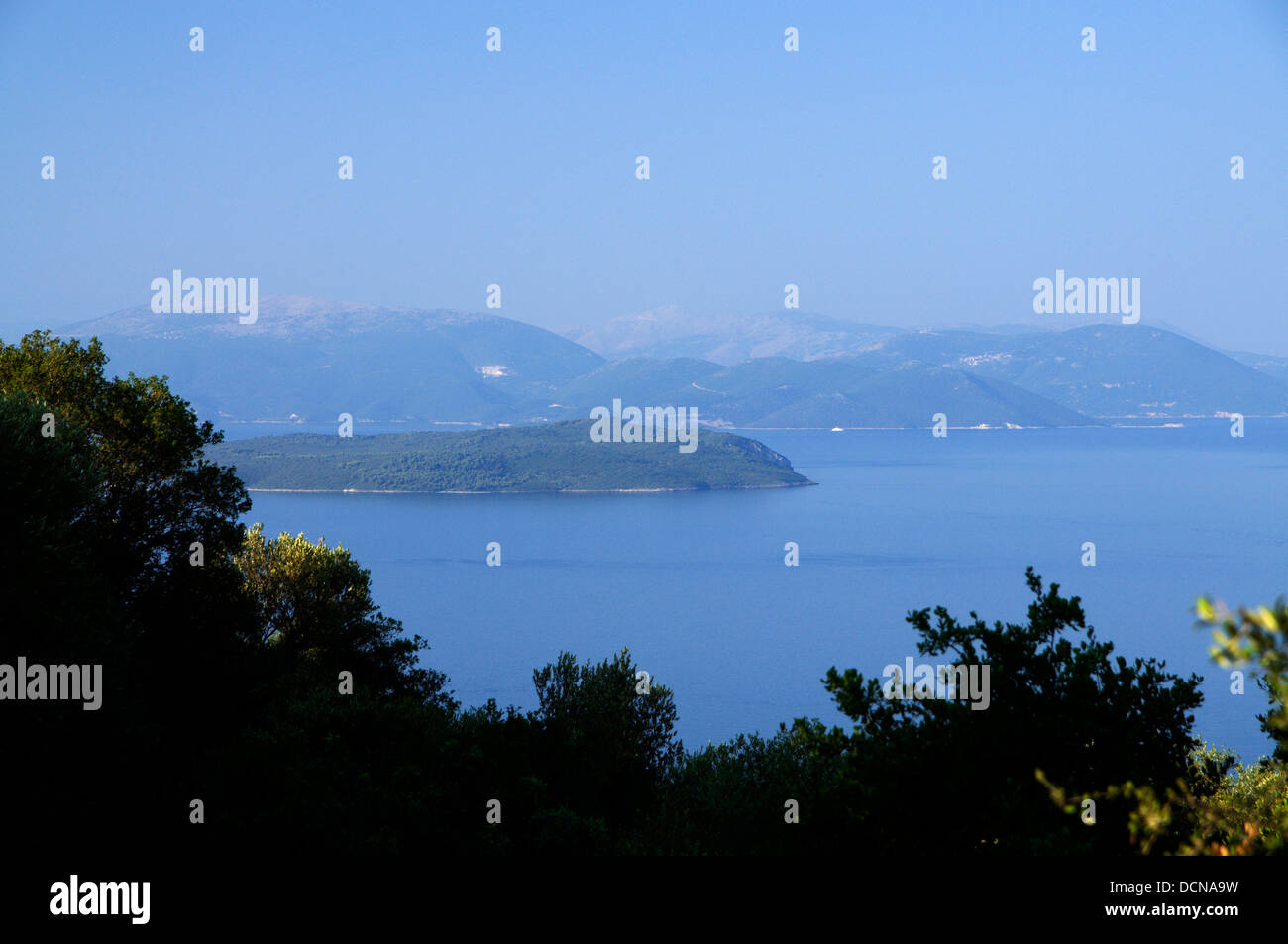 View looking towards Ithaka and Kefalonia from hill above Spartochori, Meganisi, Ionian Islands, Greece. Stock Photo