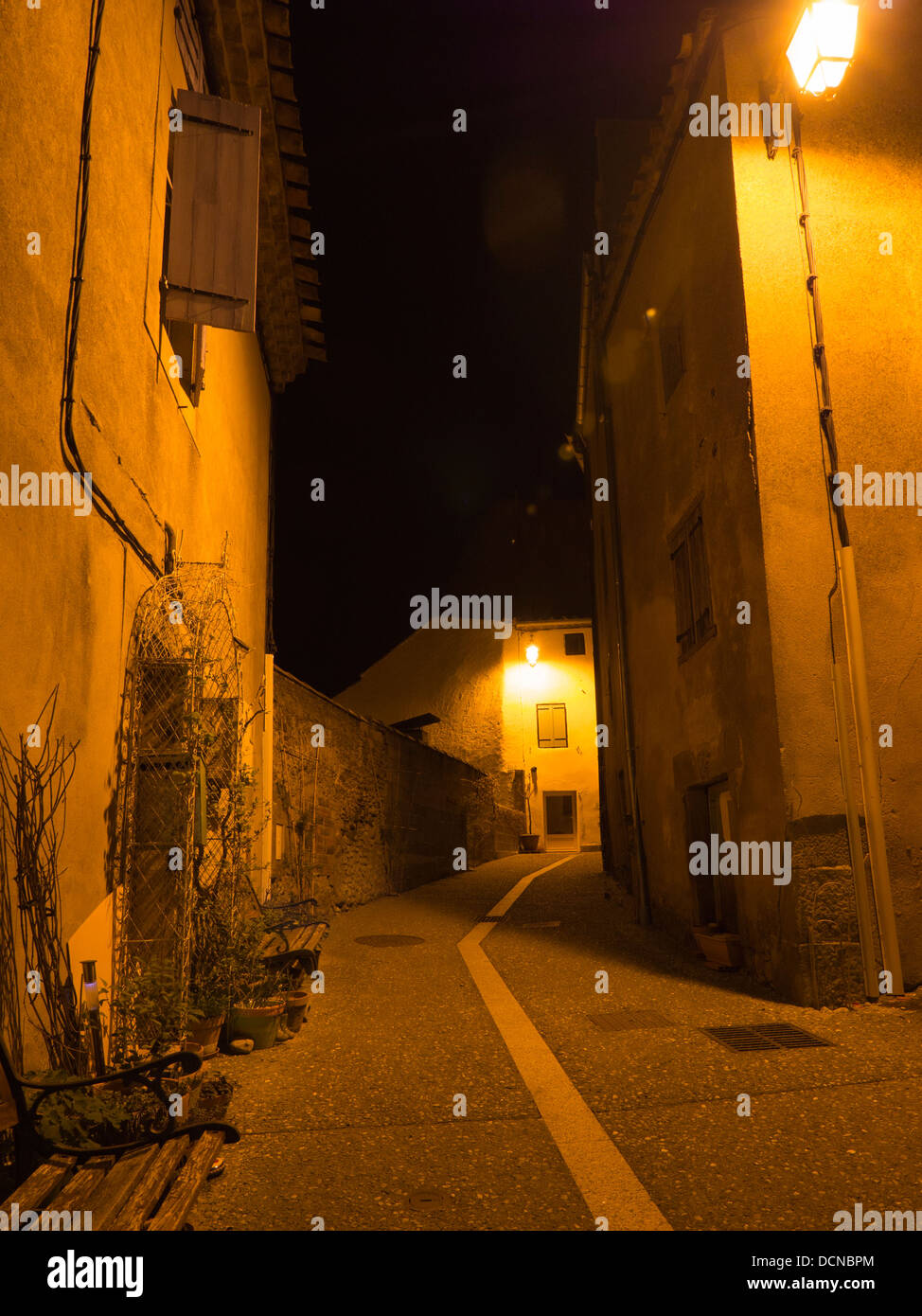 Night time scene in the hilltop village of BellegardeduRazes, Aude, Laguedoc, France Stock