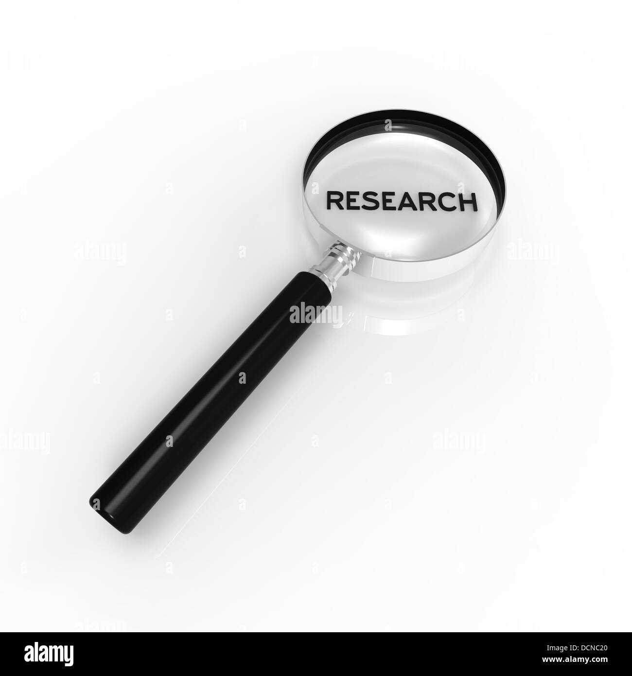 Magnified Research word illustration on white background Stock Photo