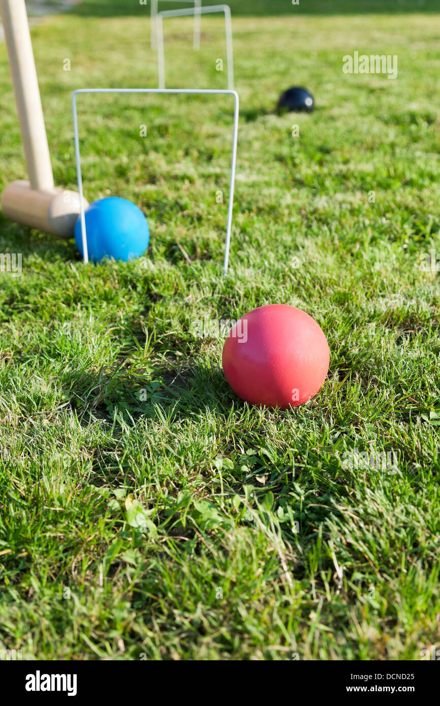 hitting of blue ball in game of croquet on green lawn in summer day