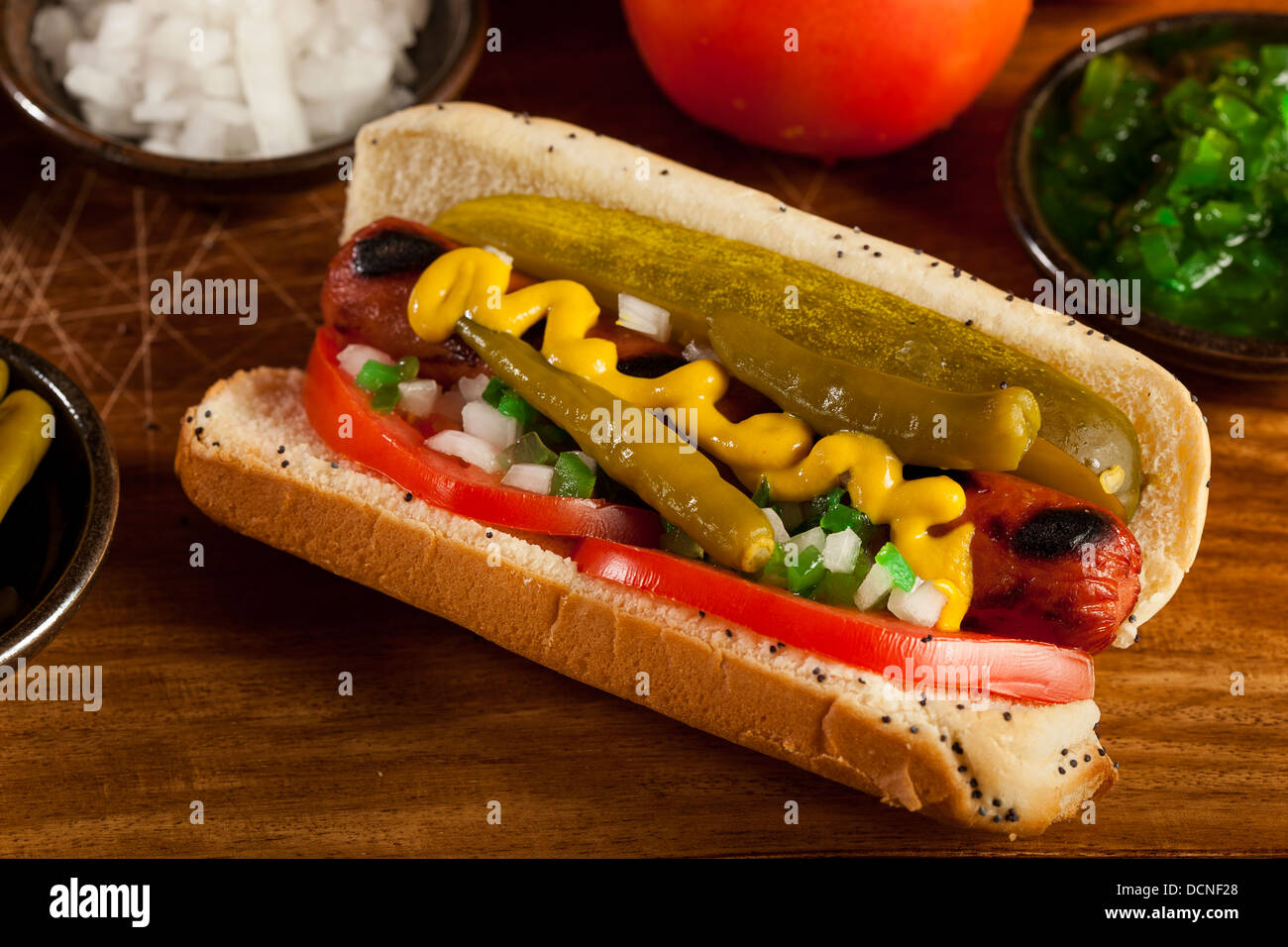 Chicago Style Hot Dog with Mustard, Pickle, Tomato, Relish and Onion
