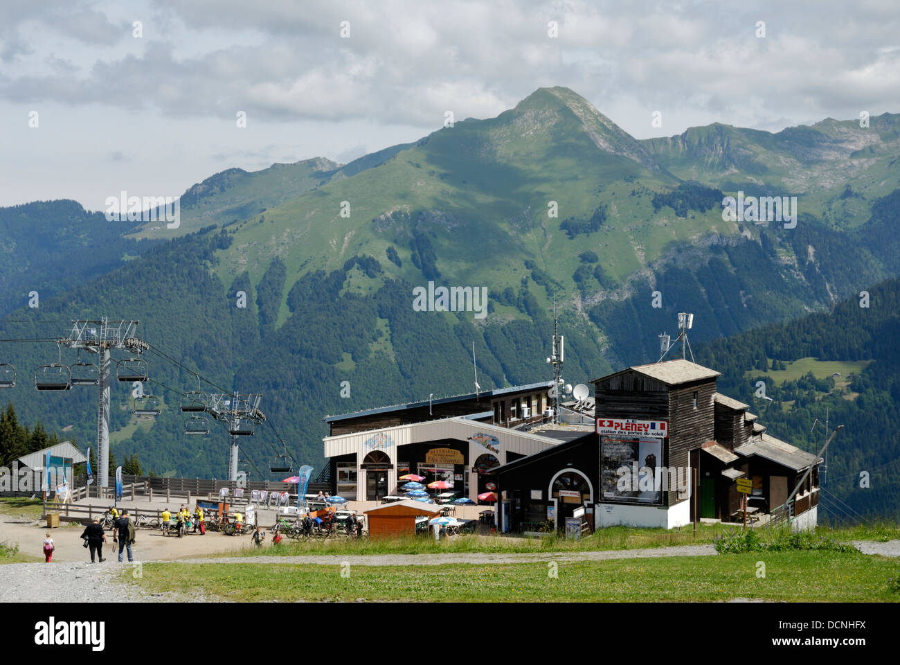 Pleney lift with mountains behind and Morzine beneath, french alps,summer time, France Stock Photo