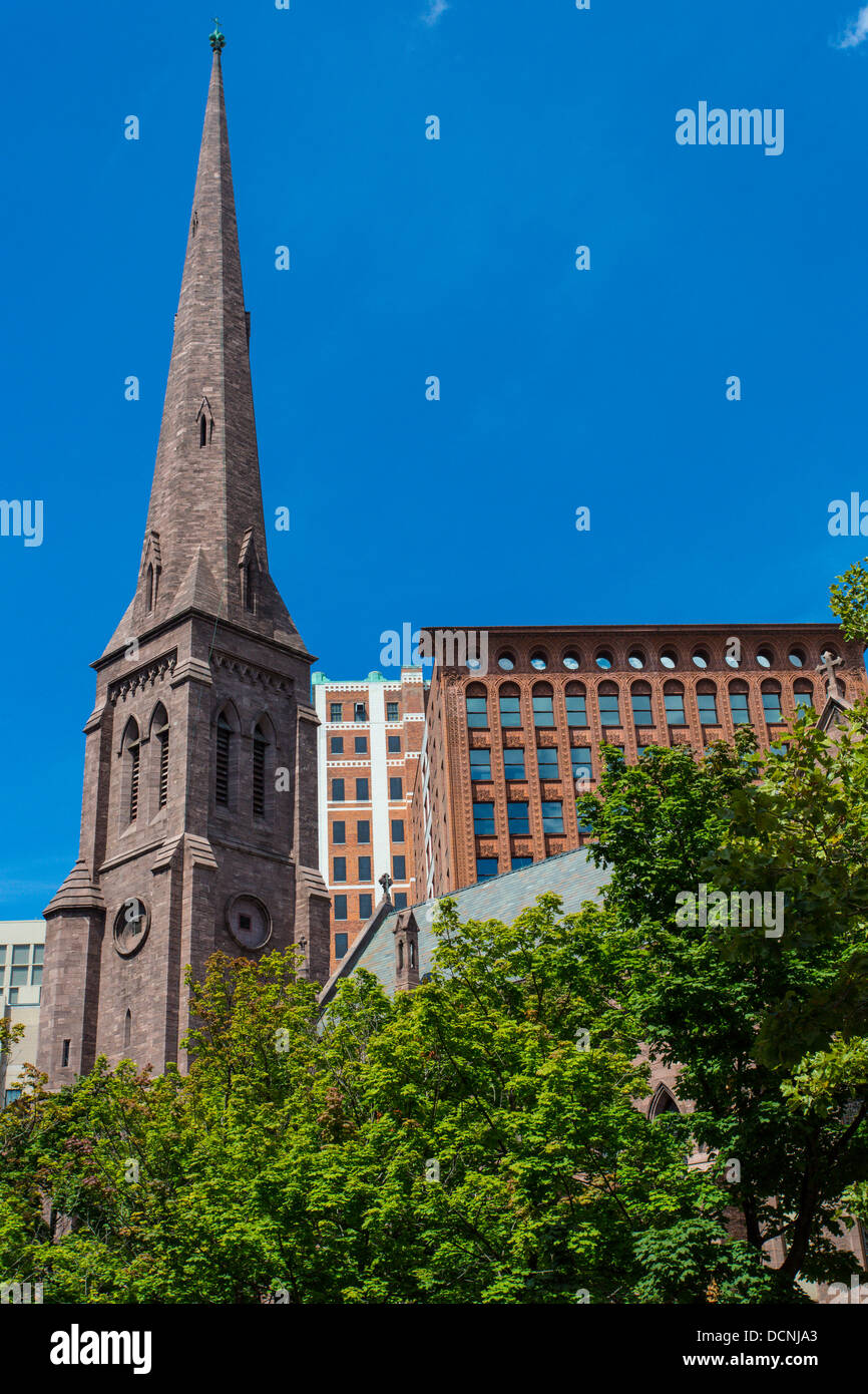 St. Paul's Episcopal Cathedral and the Guaranty Building in the city of Buffalo New York United States Stock Photo