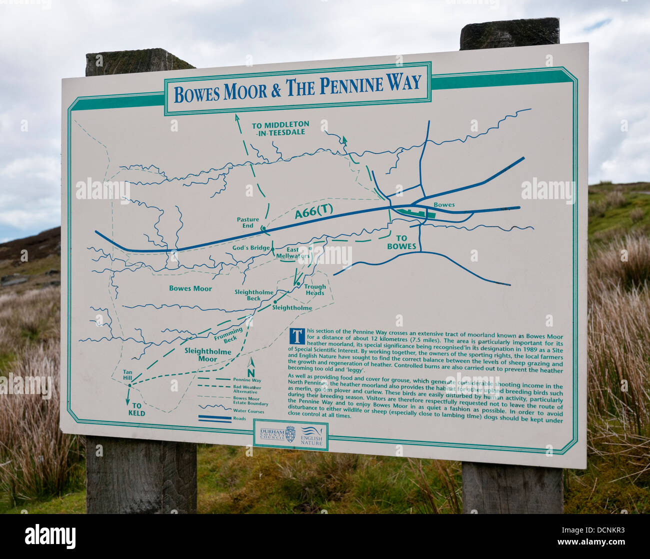 Great Britain, England, North Yorkshire Dales, Tan Hill, Bowes Moor Pennine Way information sign Stock Photo