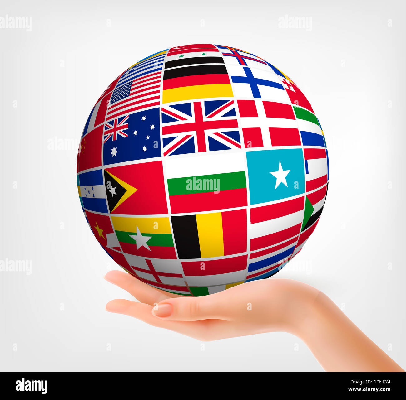 Flags of the world in globe and hand. Vector illustration Stock Photo