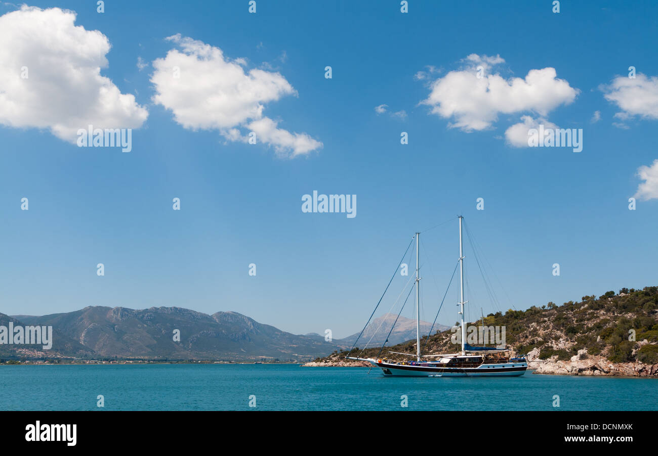 Yacht sailing Greek island Poros Stock Photo Alamy