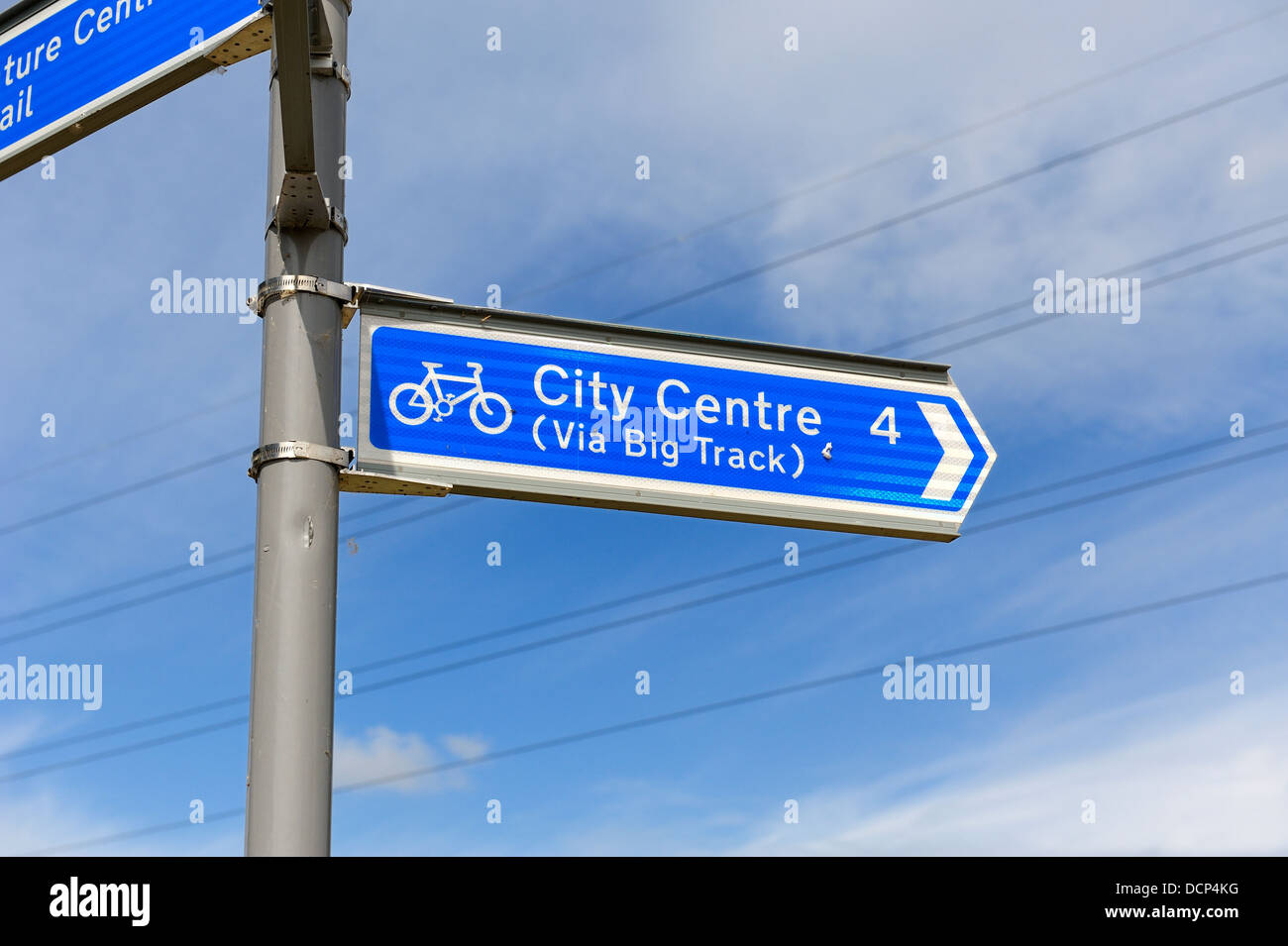 City Centre blue cycle track sign Stock Photo