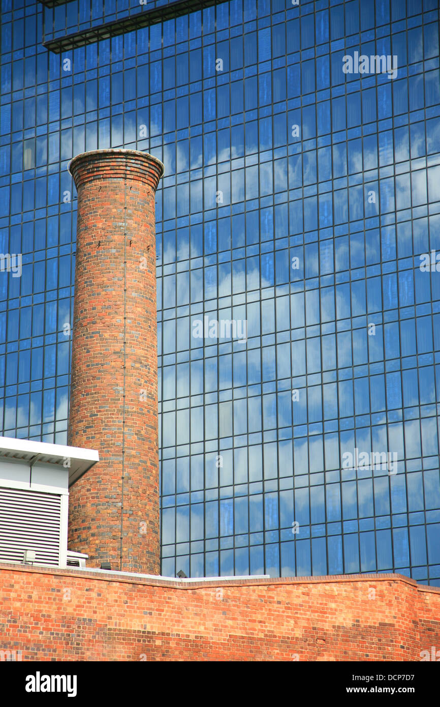 England Midlands Birmingham Red Brick Chimney and Modern Hotel Building Architectural Stock Photo