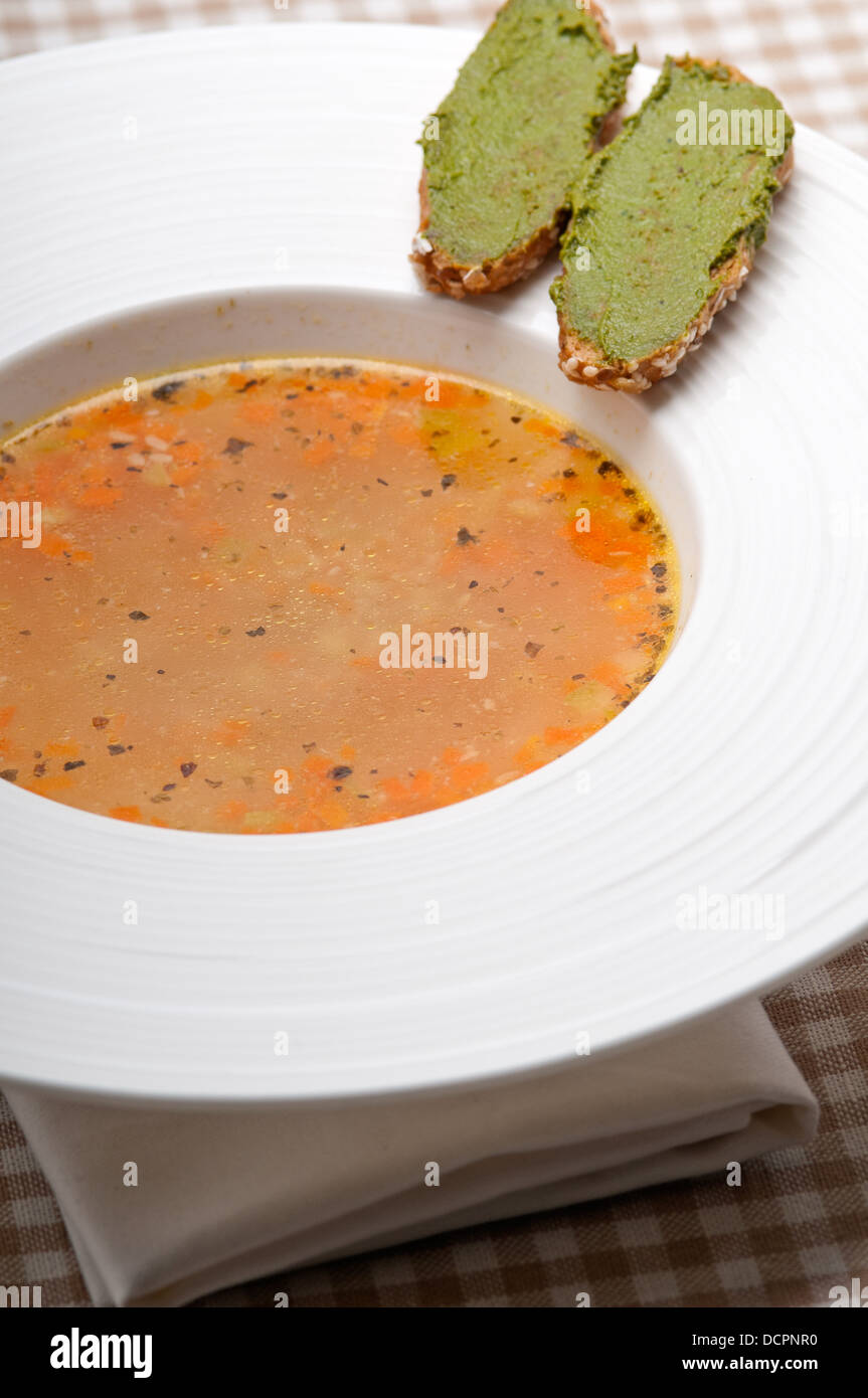 Italian minestrone soup with pesto crostini on side Stock Photo Alamy