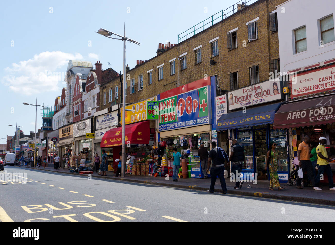 Shops in Rye Lane, Peckham, South London. Stock Photo