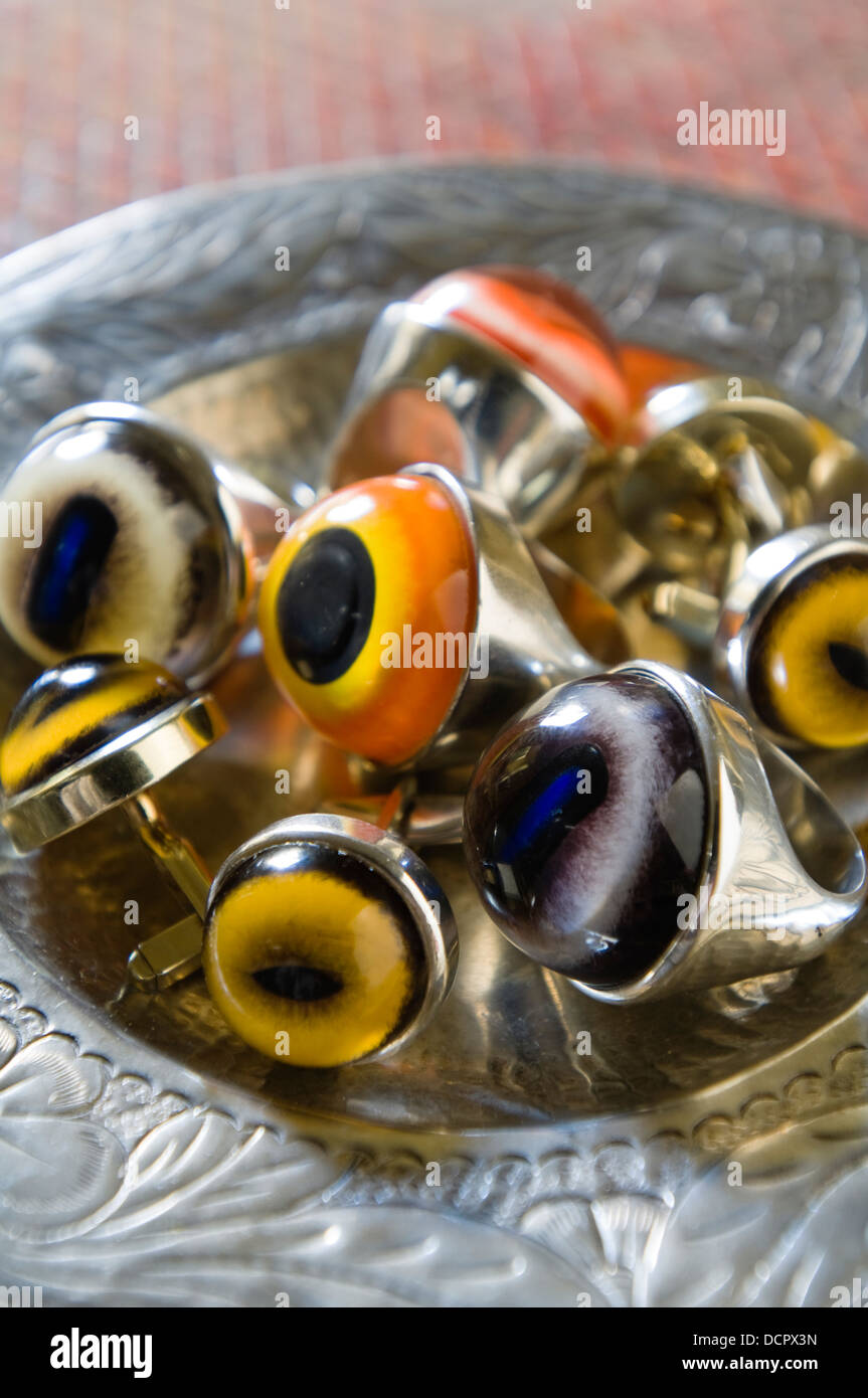 Chunky eye ball rings made by Legge & Braine Stock Photo
