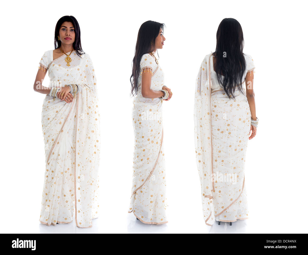 indian female in traditional saree dress in various position full body Stock Photo