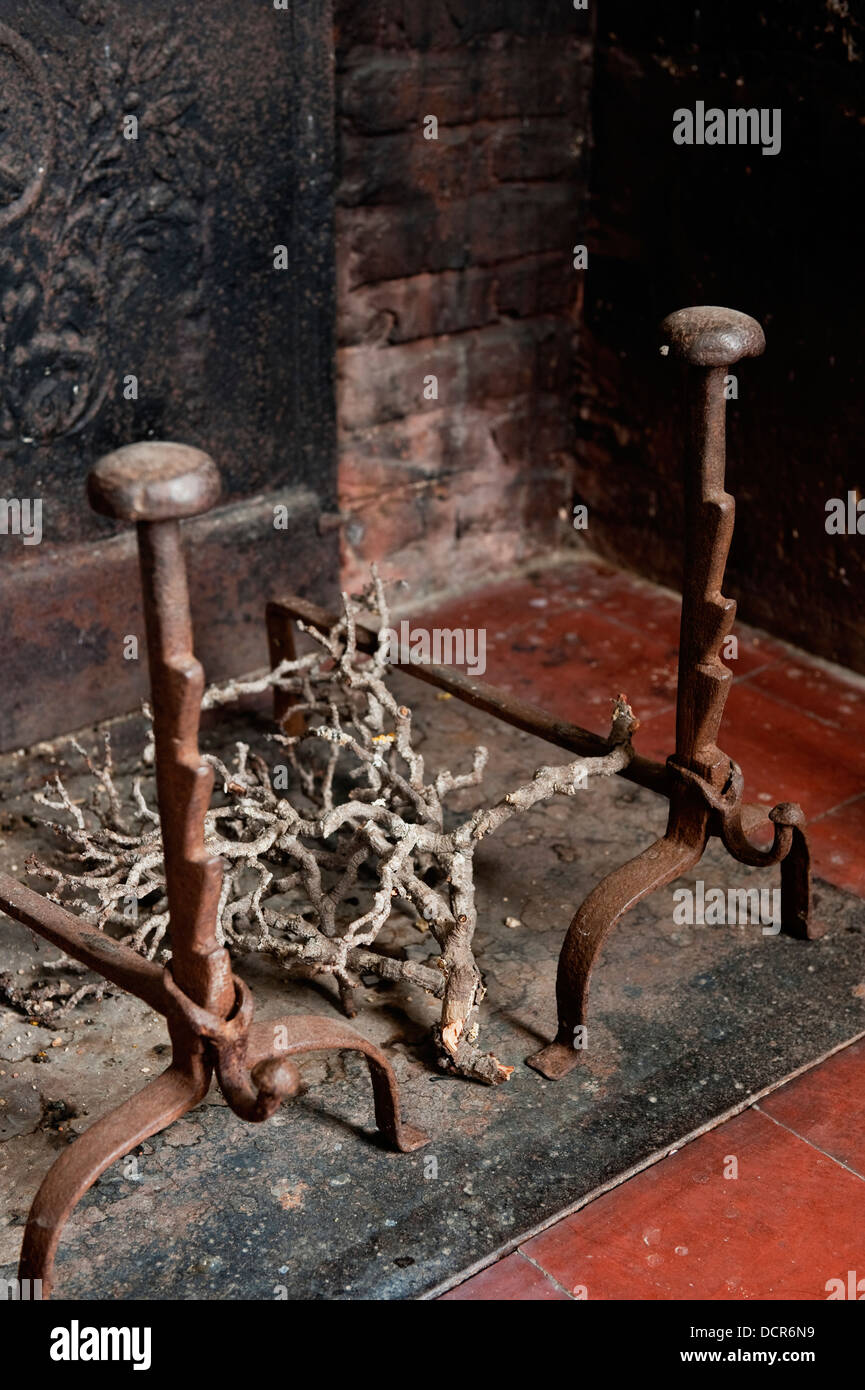 Old fireplace insert with gnarled twigs Stock Photo