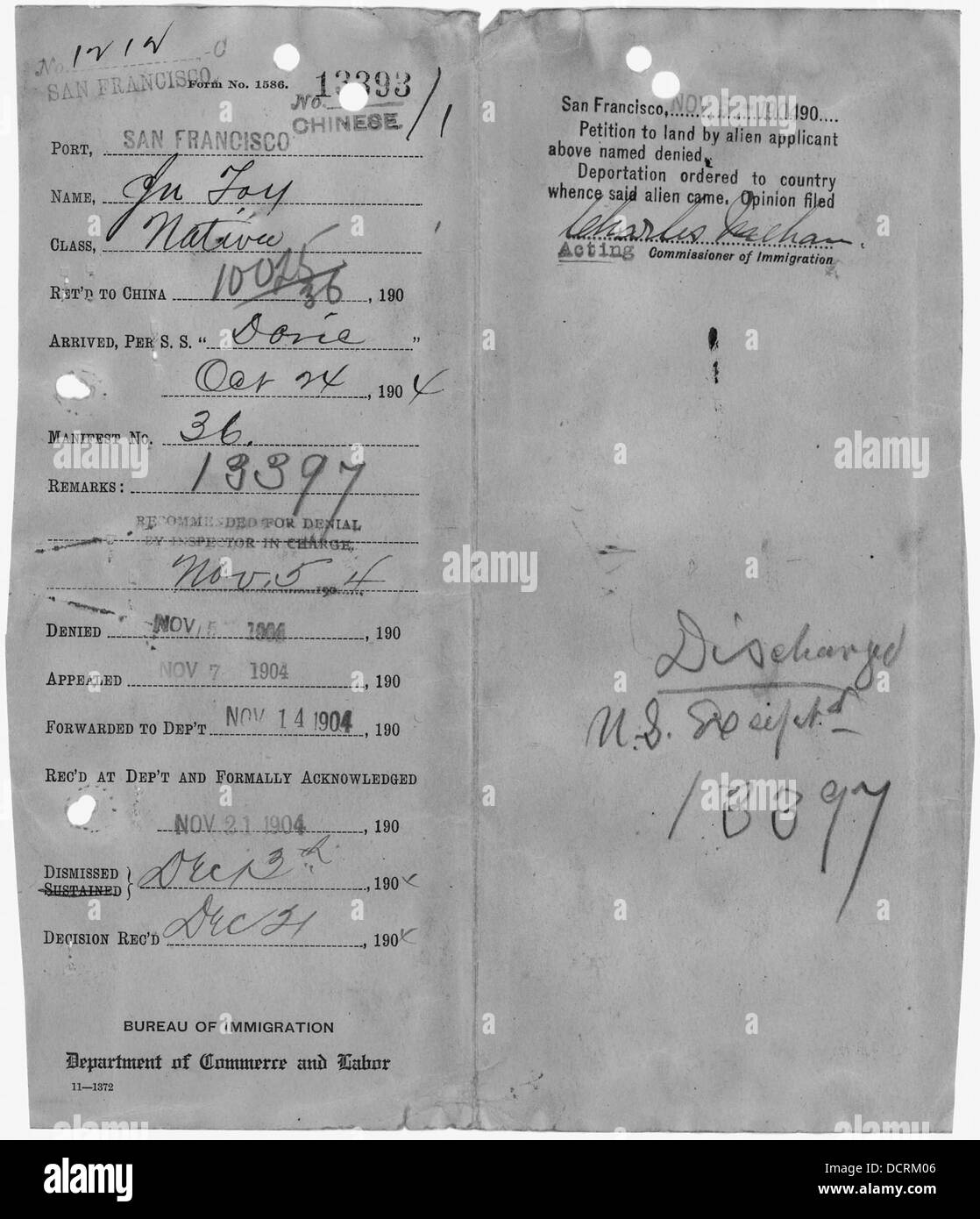 Annotated File Jacket (showing INS actions from landing, October 24, 1904 through Decision Reached, December 21 1904 - - 296449 Stock Photo