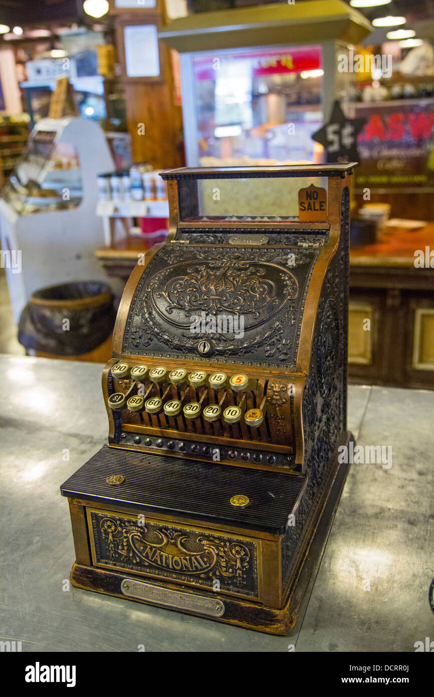 San Antonio, Texas - An antique cash register on display at the SAS shoe factory and general store. Stock Photo