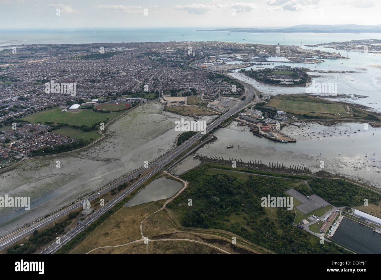 Aerial photograph showing M275 with Portsmouth in the background Stock Photo