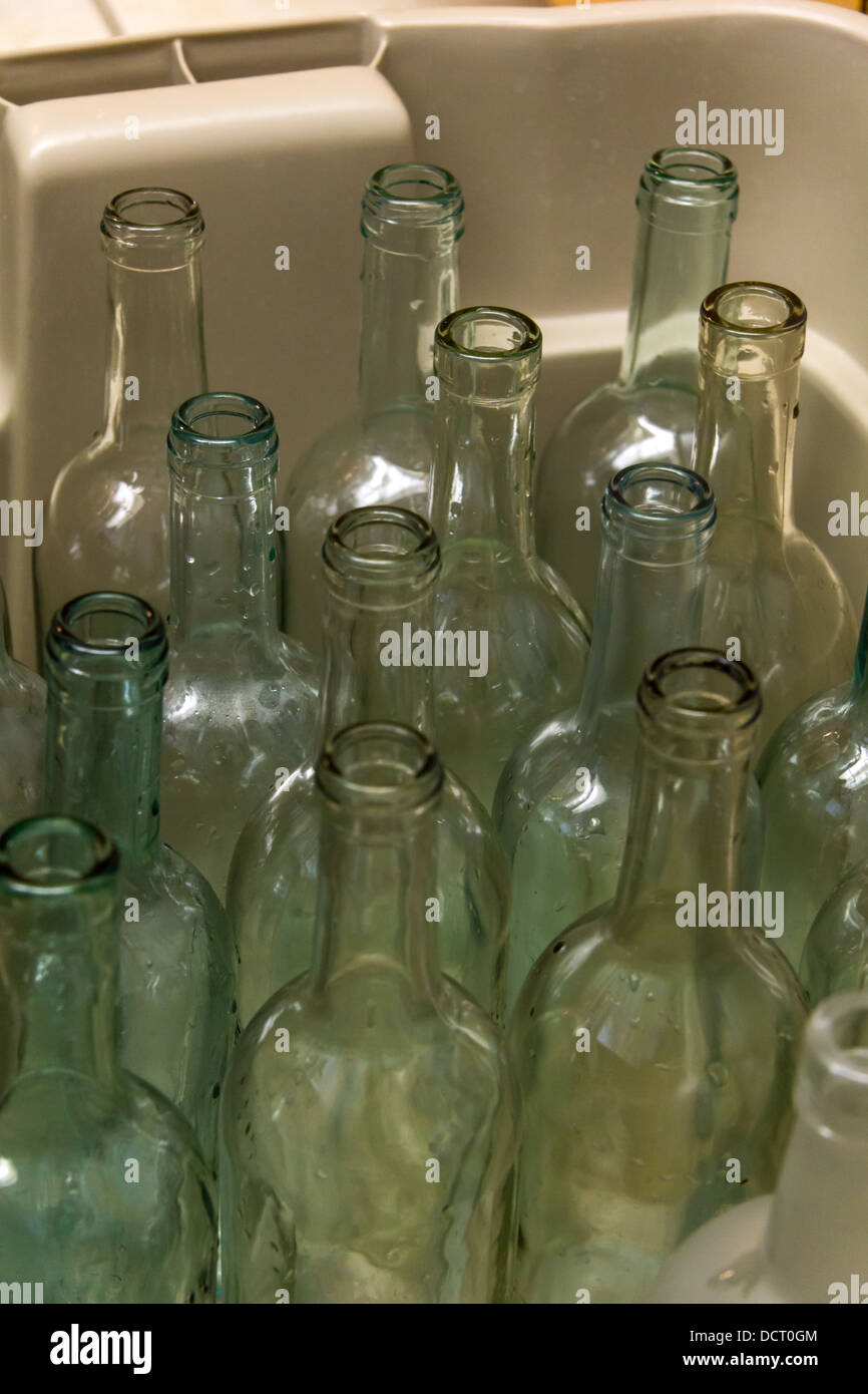 Clean bottles wait for filling during home winemaking Stock Photo