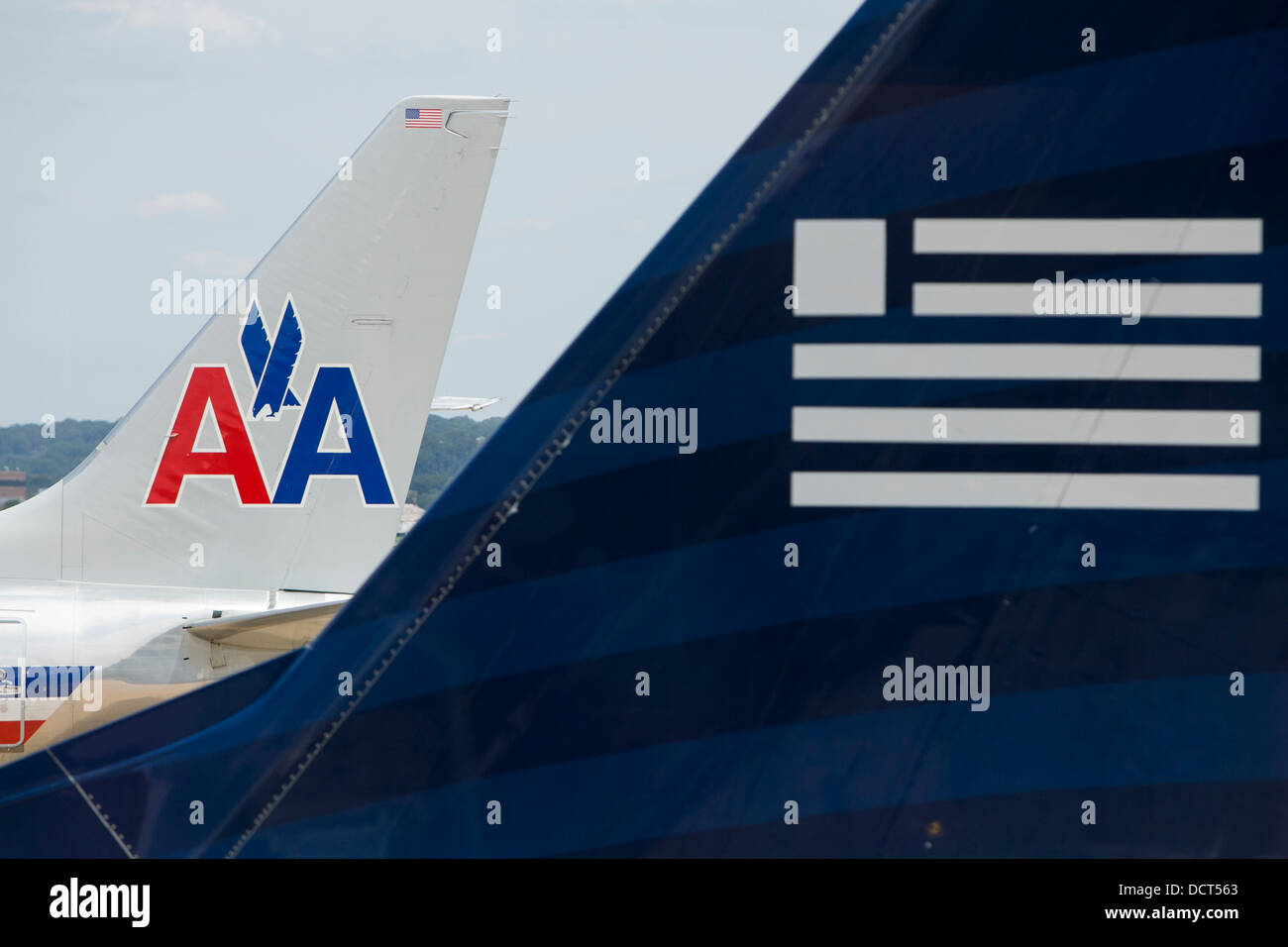 US Airways and American Airlines airplanes at Reagan National Airport.  Stock Photo