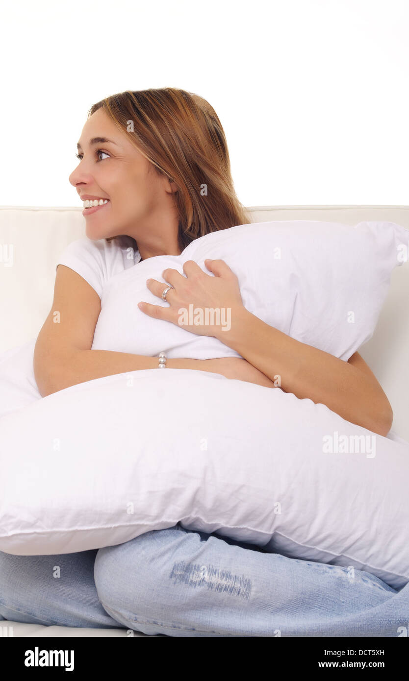 Mature Lady Cuddling Pillow On Stock Photos Mature Lady Cuddling