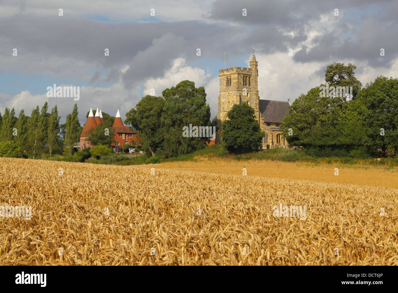 Harvest time at picturesque Horsmonden, Kent. St Margaret's Church and Oast House, England Britain UK. Wealden Kent Countryside Stock Photo