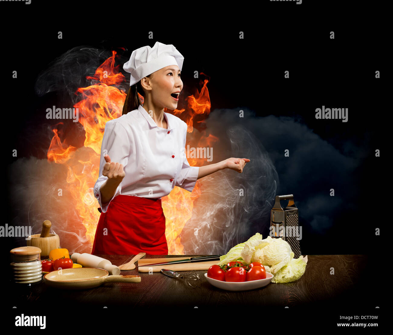 Asian woman furious cook, collage Stock Photo